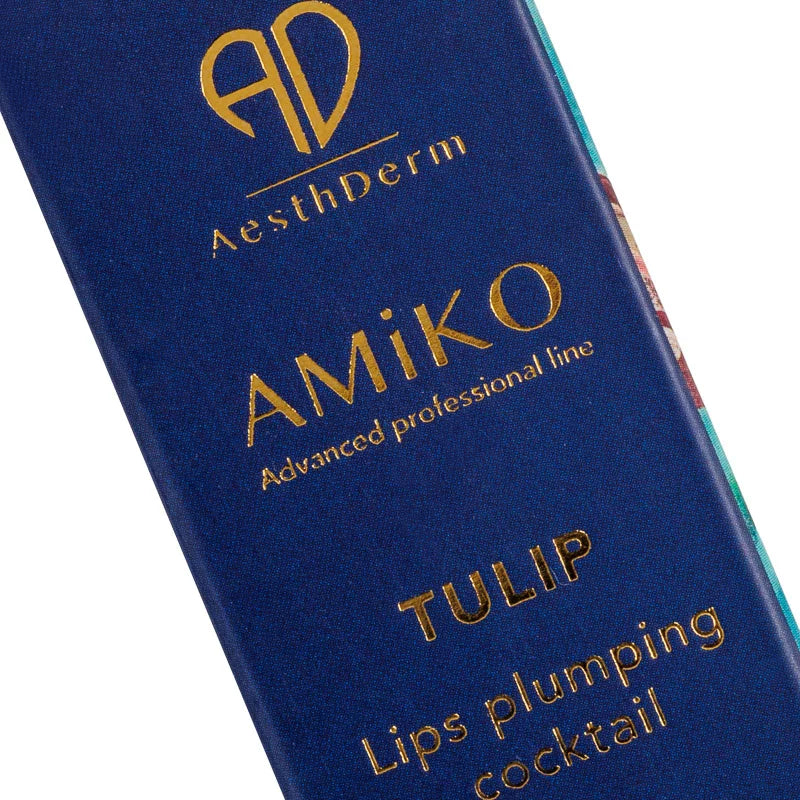 Blue packaging of AesthDerm Amiko Tulip Lips plumping cocktail on a white background