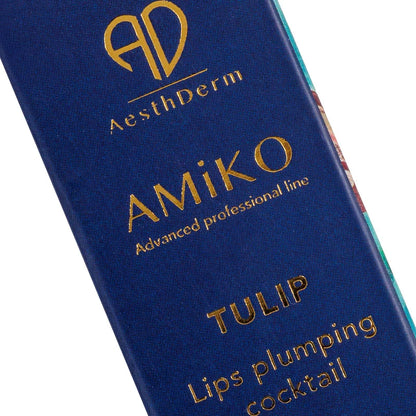 Blue packaging of AesthDerm Amiko Tulip Lips plumping cocktail on a white background