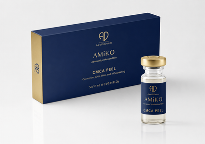 Amiko CMCA Peel packaging including a box and a vial on a white background