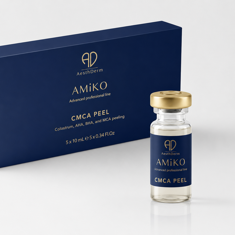 Amiko CMCA Peel packaging including a box and a vial on a white background