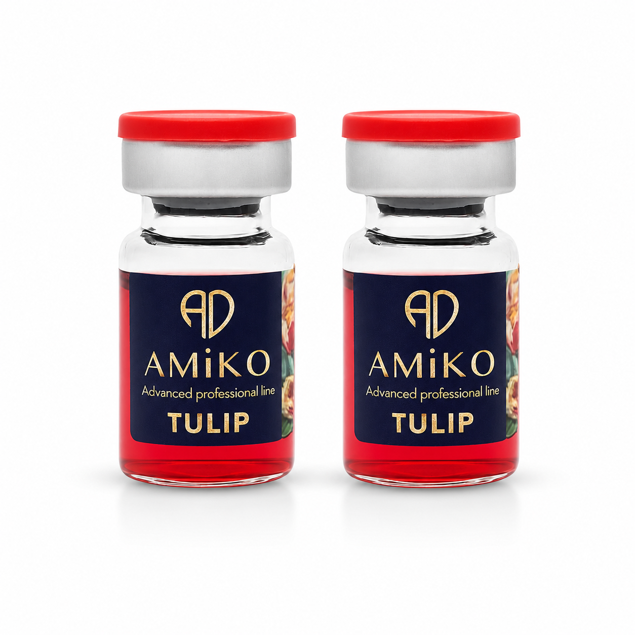 Two Amiko Tulip skincare bottles with red caps on a white background