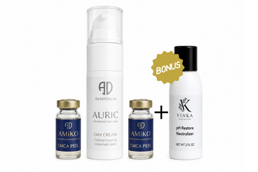 Collection of skincare products including bottles and vials on a white background